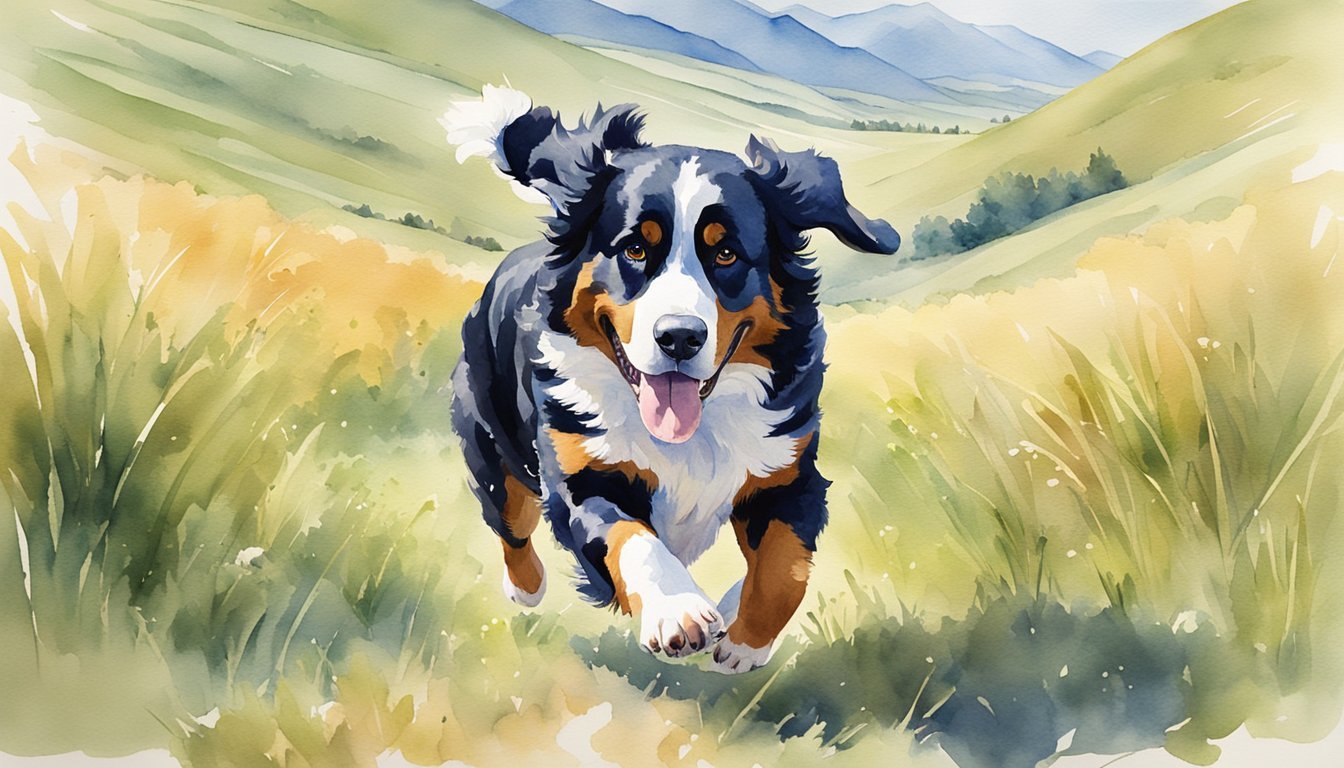 A Bernese Mountain Dog running in a wide open field, tongue out, with a mountain backdrop and clear blue sky