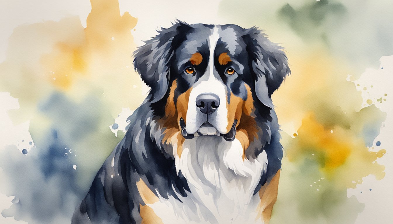 A Bernese Mountain Dog standing with a determined expression, refusing to move.</p><p>Surrounding objects show signs of wear from previous stubborn behavior