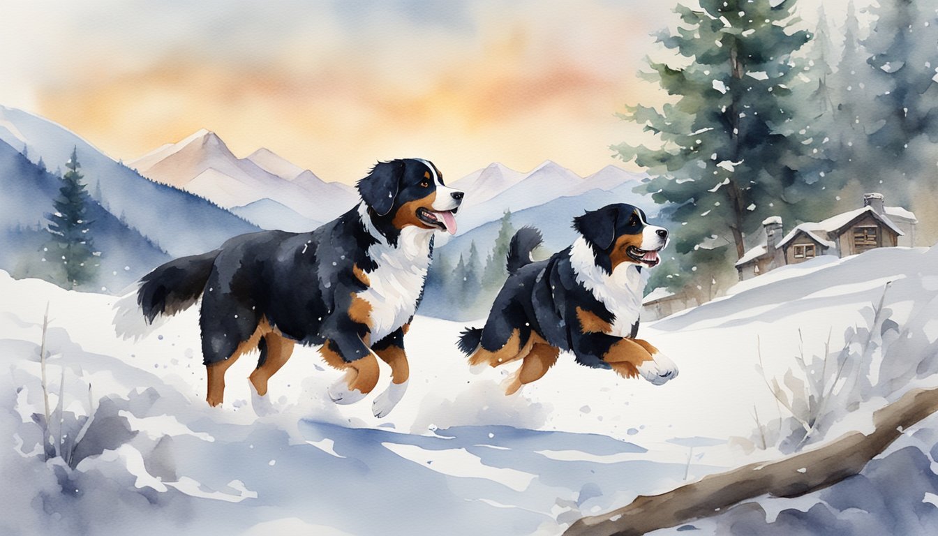 A Bernese Mountain Dog romps in the snow, surrounded by a wintry landscape of snow-covered trees and mountains, with a cozy cabin in the background