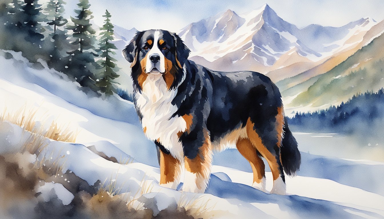 A Bernese Mountain Dog standing proudly in front of a snowy mountain backdrop, with its thick, tri-colored coat glistening in the sunlight