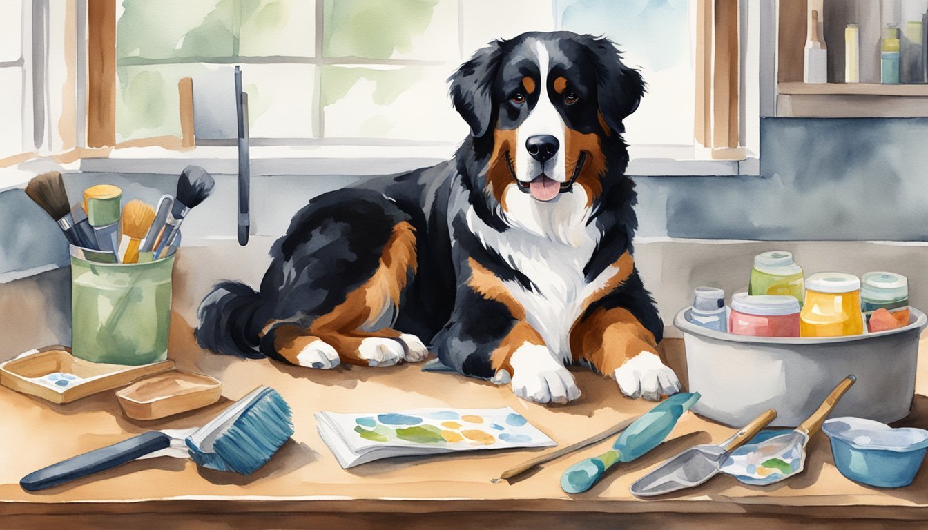 A Bernese Mountain Dog stands next to a grooming brush, food bowl, and leash.</p><p>A vet pamphlet and training book sit nearby.</p><p>The dog looks healthy and happy, surrounded by items for proper care and maintenance