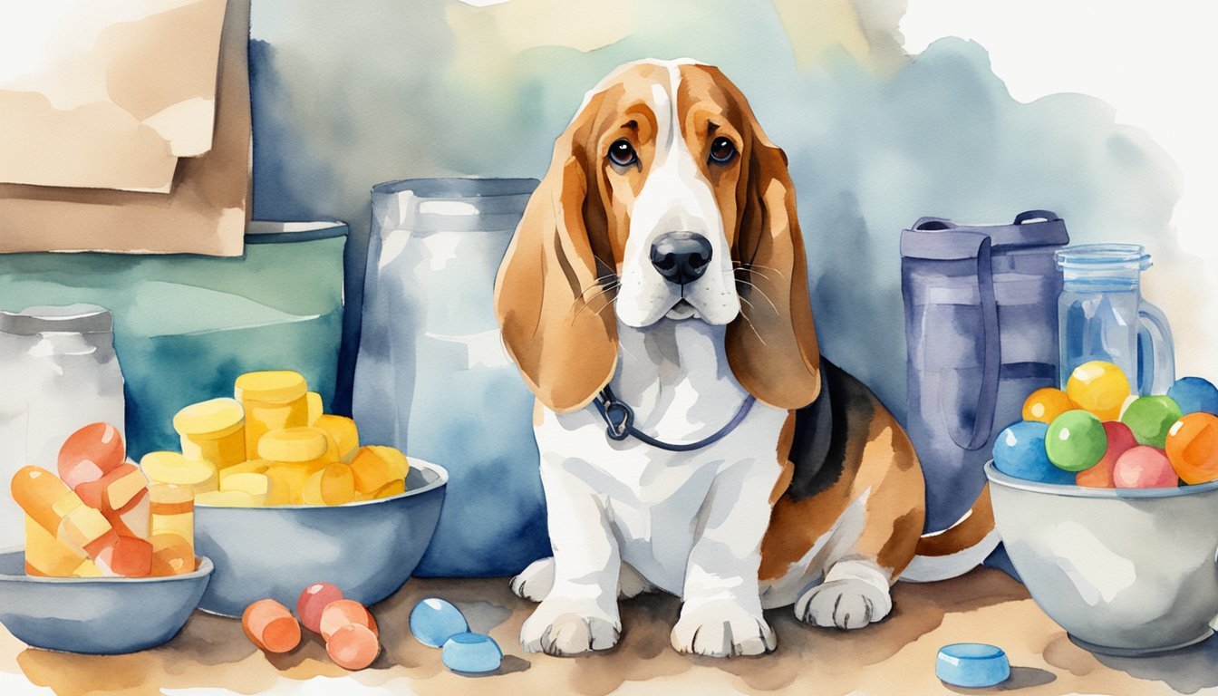 A basset hound standing next to a bowl of fresh water, surrounded by toys and a leash.</p><p>A healthy dog food bag is in the background