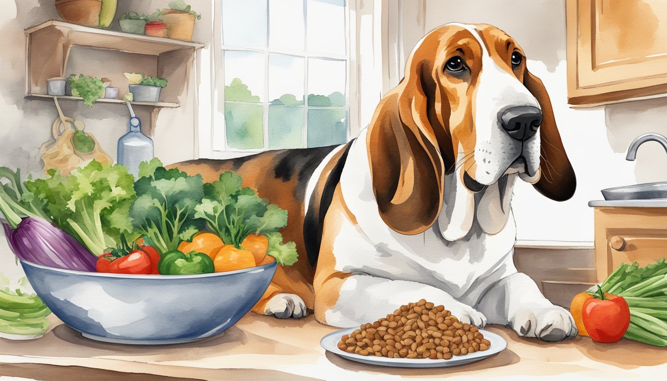 A basset hound sits beside a bowl of high-quality dog food, surrounded by fresh vegetables, lean meats, and a water bowl.</p><p>A chart on the wall displays "7 Tips for Keeping Your Basset Hound Healthy."