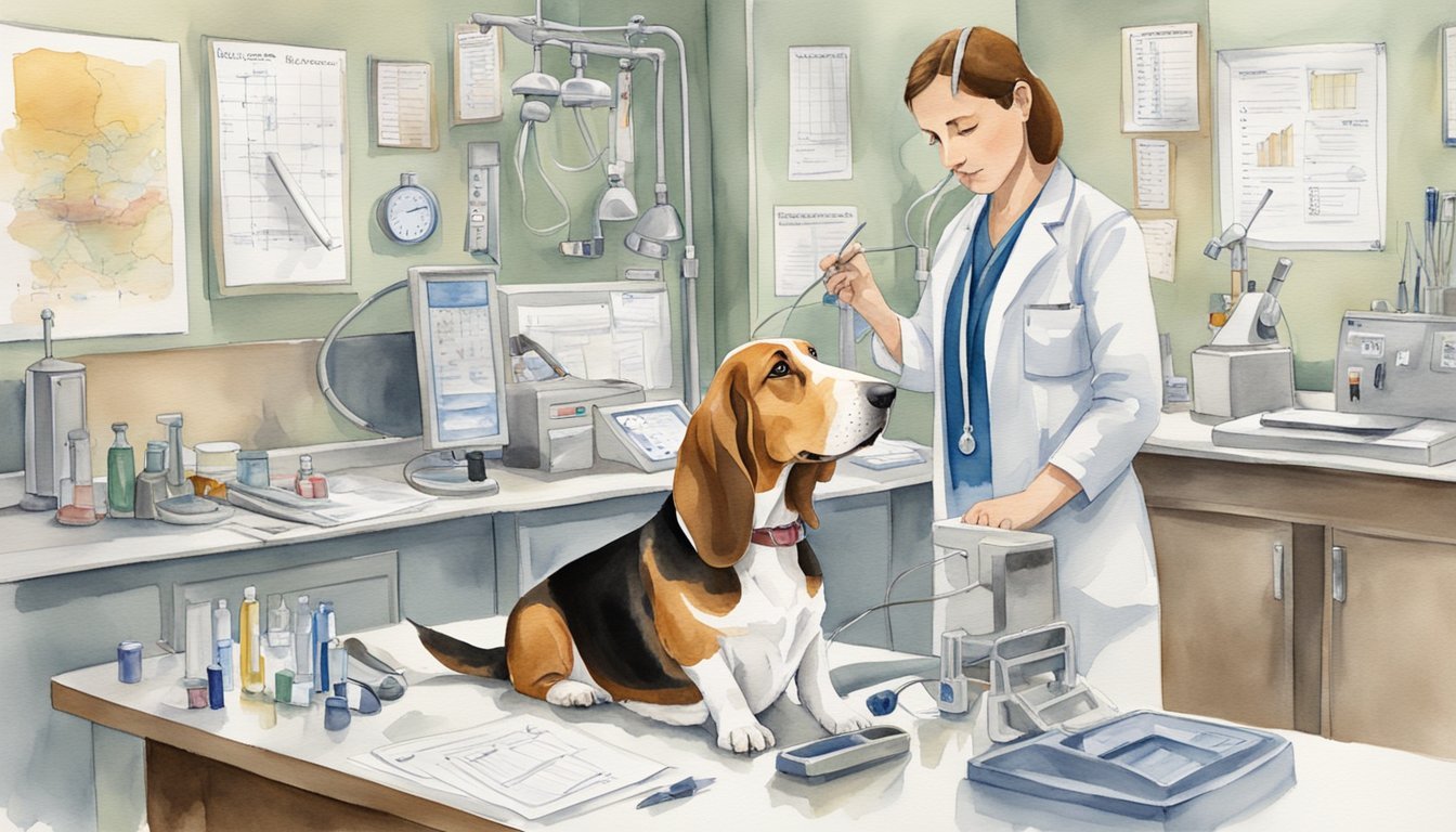 A basset hound sits calmly on a vet's examination table, surrounded by medical equipment and charts.</p><p>The vet checks the dog's ears, teeth, and weight, while offering advice on maintaining its health