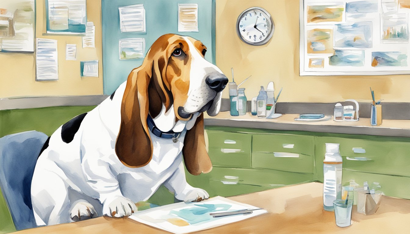 A basset hound sits calmly on a veterinary exam table, while a veterinarian checks its teeth.</p><p>A poster on the wall displays "7 Tips for Keeping Your Basset Hound Healthy."