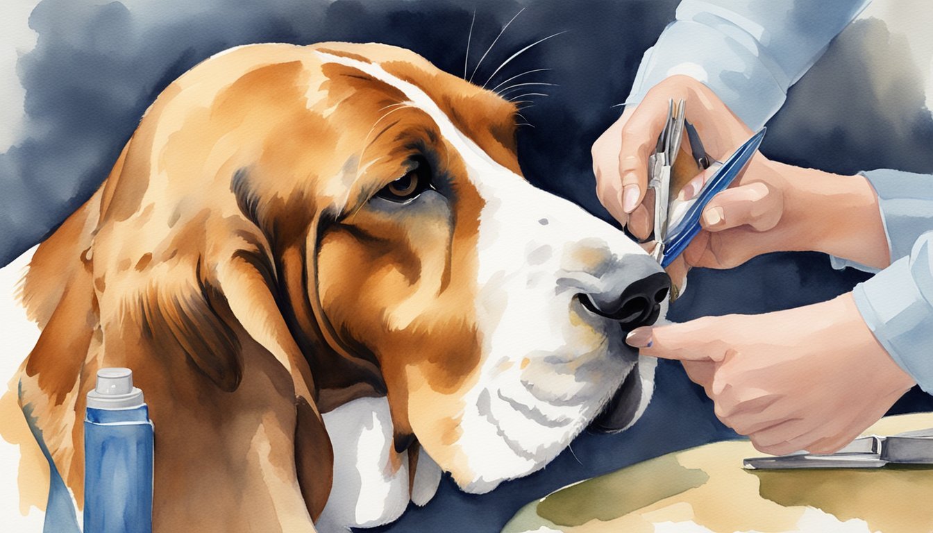 A Basset Hound being brushed and groomed with a comb, nail clippers, and a brush, with a clean and healthy coat