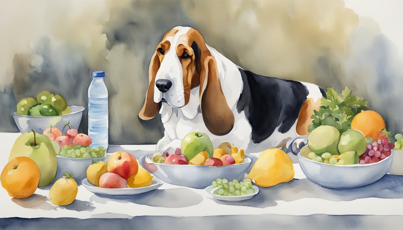 A basset hound eating balanced meals, drinking water, exercising, and receiving regular vet check-ups.</p><p>A variety of fruits, vegetables, and lean proteins are included in its diet