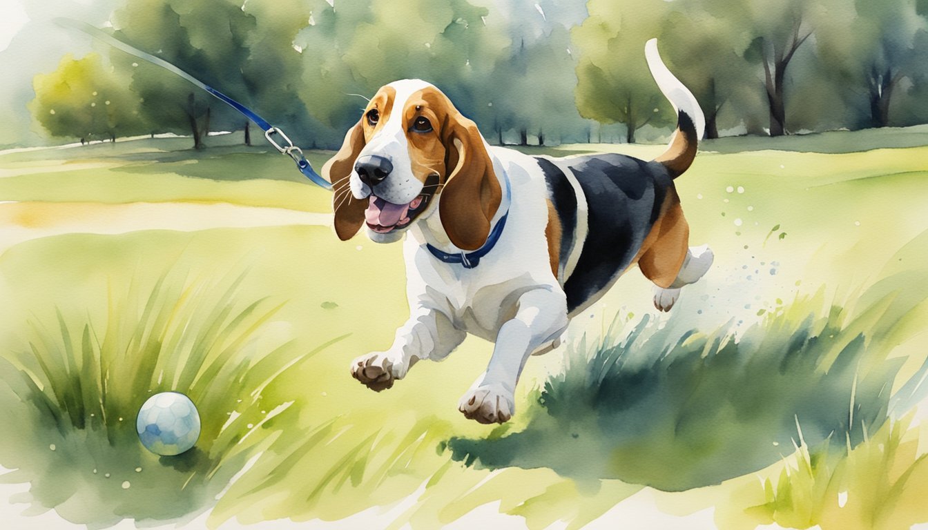 A basset hound running in a grassy park, chasing a ball.</p><p>A water bowl and leash lay nearby.</p><p>Sunshine and trees in the background