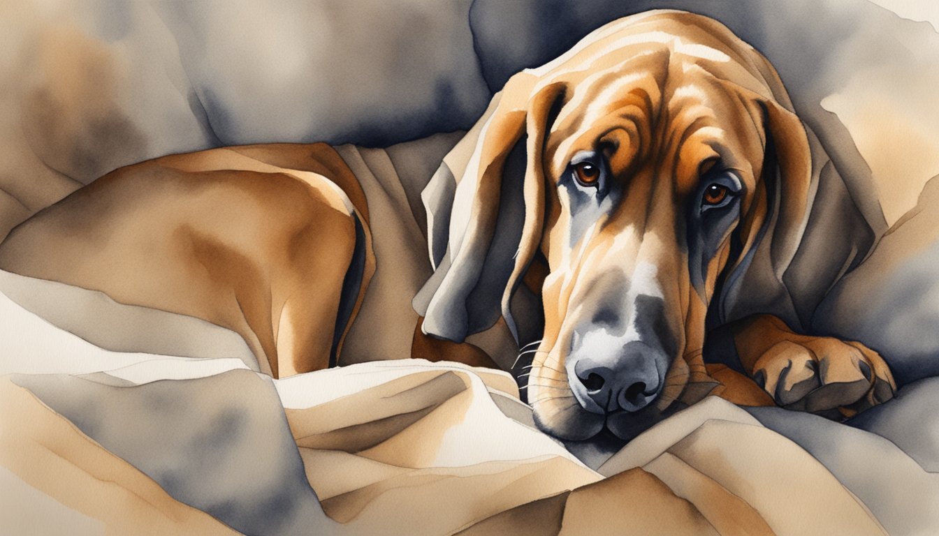 A bloodhound sniffs a wrinkled piece of fabric, capturing scents