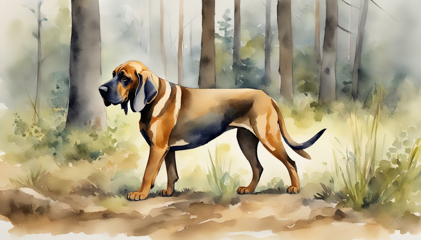 A bloodhound sniffs the ground, following a scent trail in a wooded area.</p><p>Its ears are perked up, and its tail is held high as it diligently tracks its target