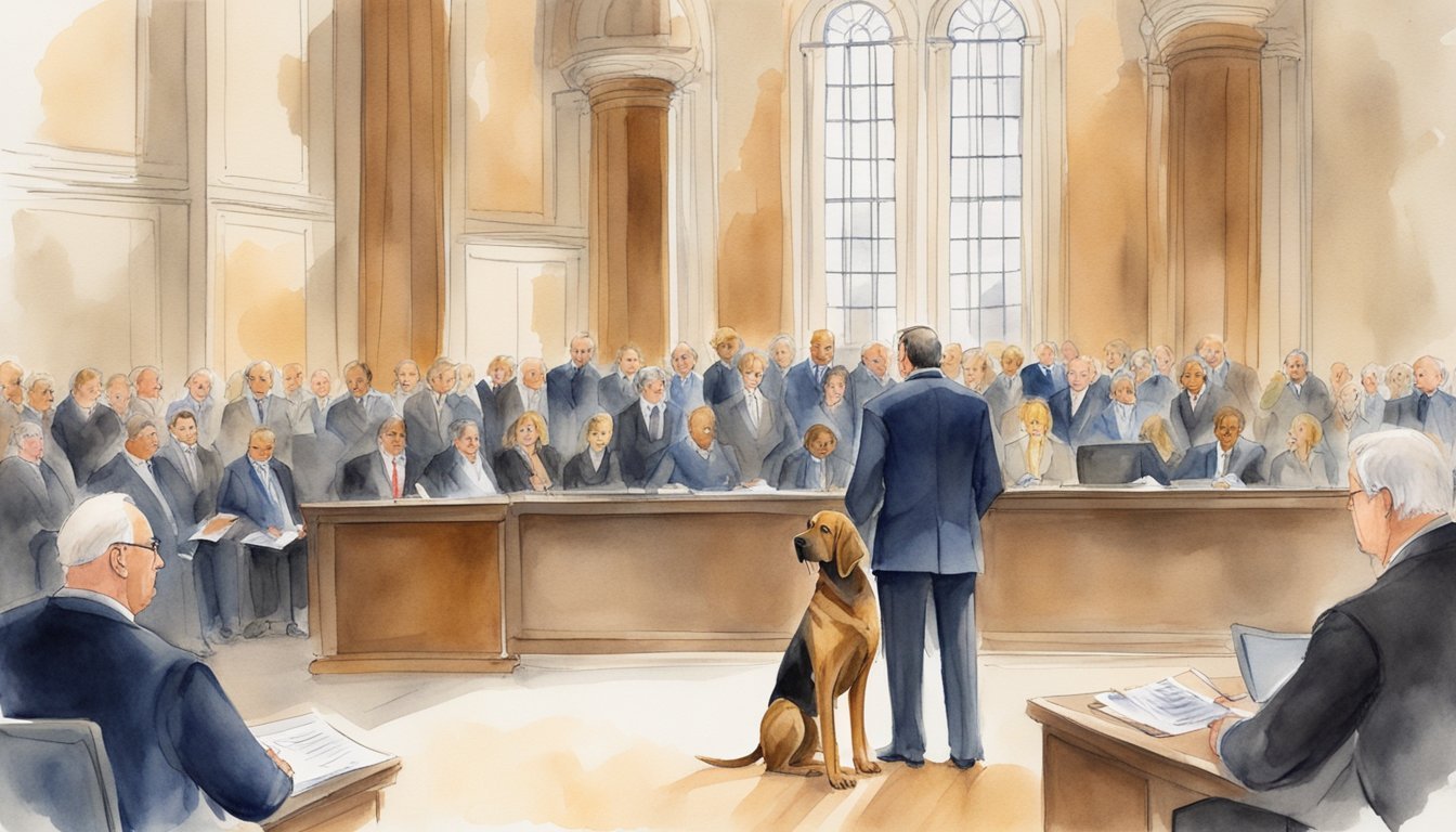 A bloodhound stands tall, ears perked, nose to the ground, and tail wagging, surrounded by a court setting with judges and lawyers in the background