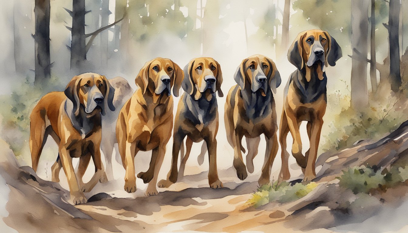 A pack of bloodhounds sniffs the ground, their long ears trailing behind them as they follow a scent trail through a dense forest