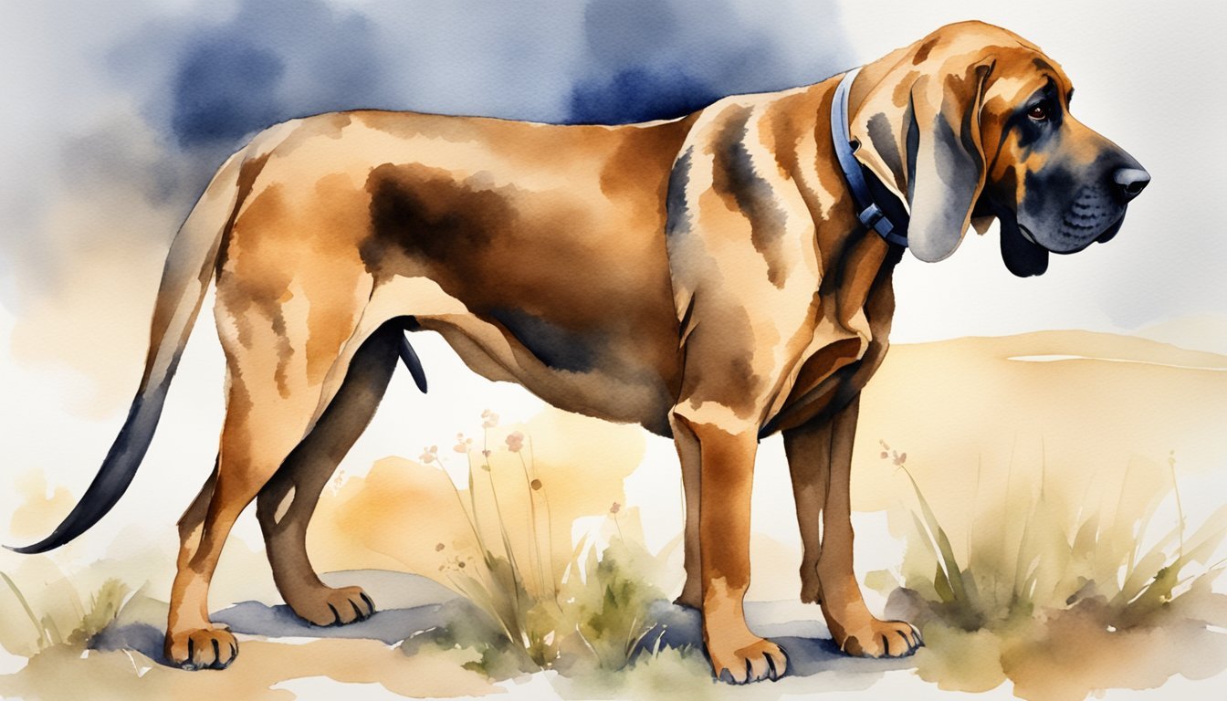 A bloodhound stands tall, its long, droopy ears and wrinkled face giving it a noble appearance.</p><p>The dog's keen sense of smell is evident as it sniffs the ground, following a scent trail with determination