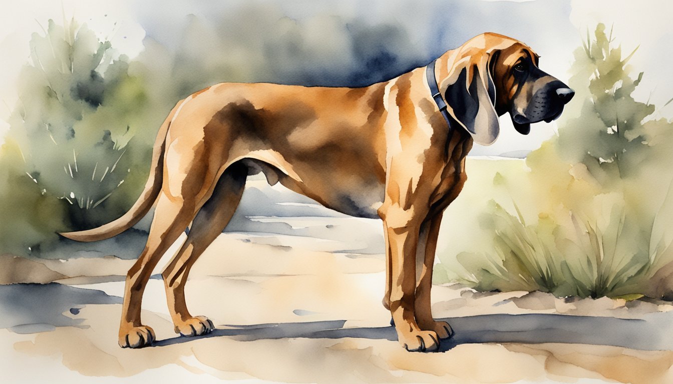 A bloodhound stands tall, with deep wrinkles on its face and long, droopy ears.</p><p>Its powerful, muscular body exudes strength and determination as it sniffs the ground with its large, black nose