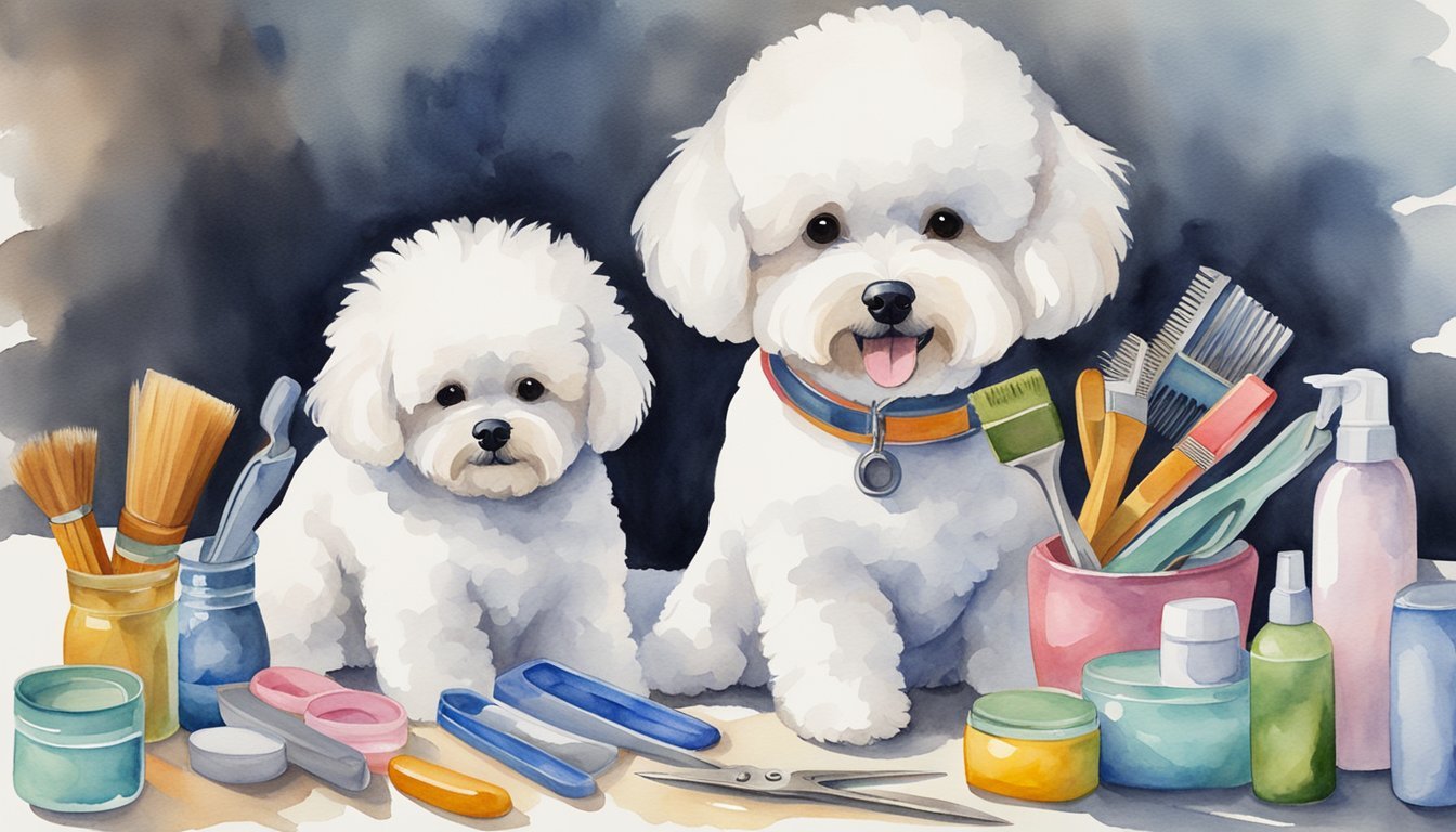 A Bichon Frise surrounded by grooming tools: brush, comb, scissors, nail clippers, shampoo, conditioner, ear cleaner, and toothbrush