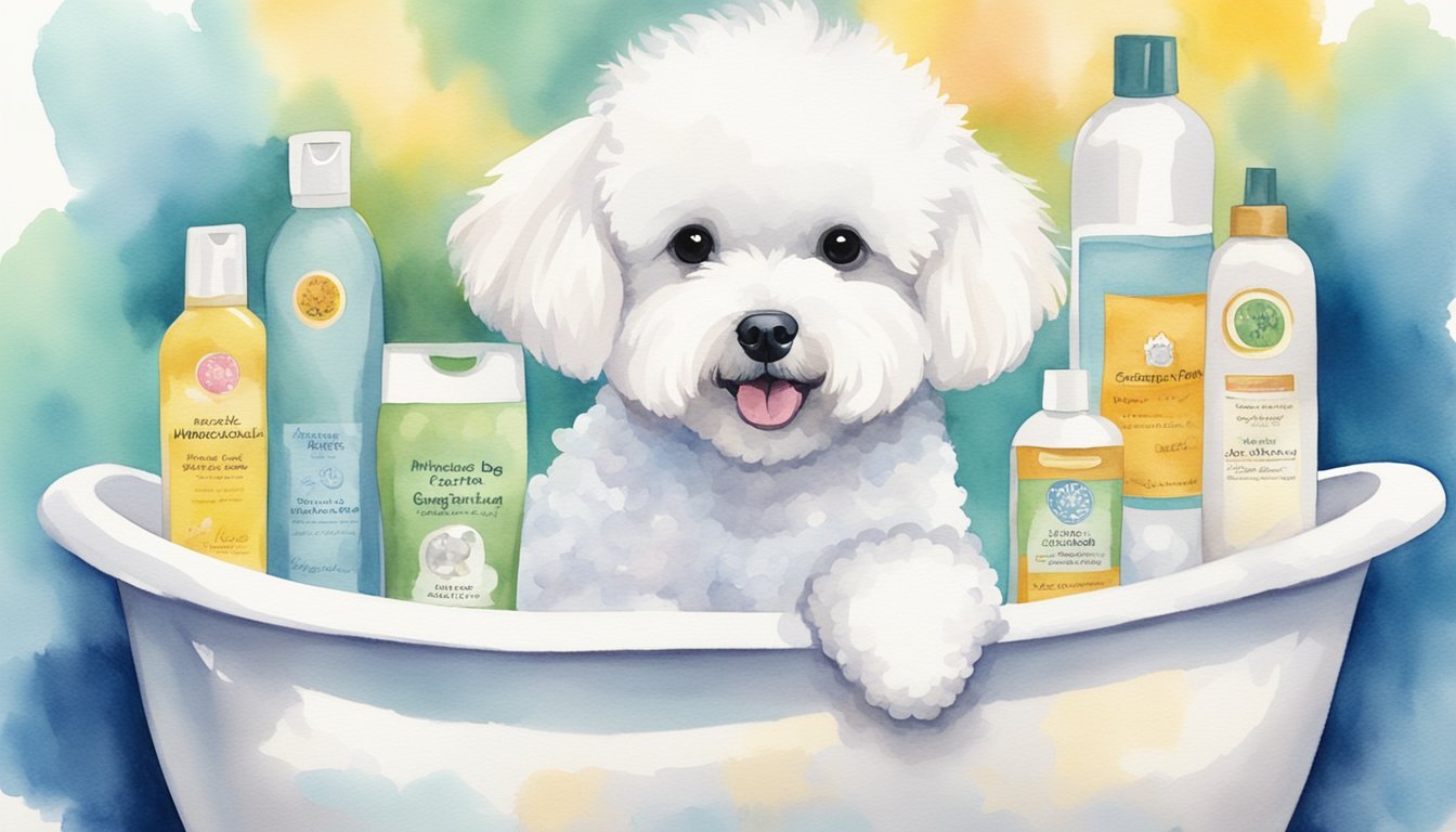 A Bichon Frise stands in a bathtub, surrounded by bottles of Miracle Coat Dog Shampoo and grooming essentials.</p><p>The dog looks clean and fluffy, ready for a grooming session