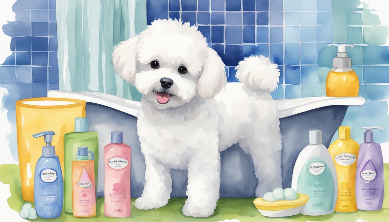 A Bichon Frise stands in a bathtub, surrounded by Zesty Paws Itch-Soother Dog Shampoo and other grooming essentials.</p><p>The dog looks content as the shampoo is applied, creating a soothing and calming atmosphere