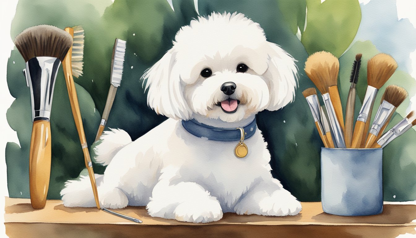 A Bichon Frise sits calmly as a safari pin and bristle brush gently groom its fluffy coat.</p><p>Seven other grooming essentials lay neatly beside it