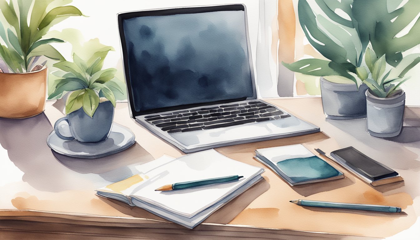 A laptop with a sleek design sits on a modern desk, surrounded by motivational books and a notepad.</p><p>A cup of coffee and a plant add a touch of warmth to the scene