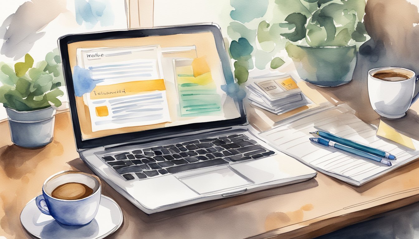 A laptop open on a desk, surrounded by notes and a cup of coffee.</p><p>A website displaying "Relationship Coaching 7 Profitable Niches for Starting an Online Coaching Business" is visible on the screen