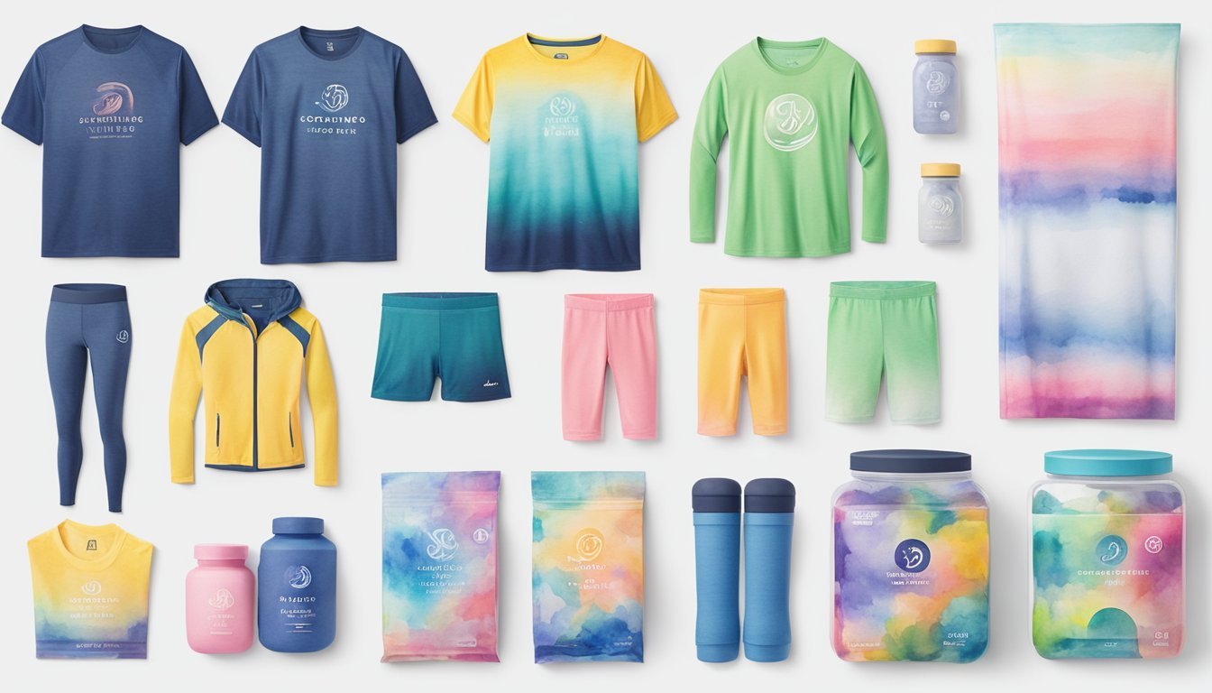 A vibrant display of fitness apparel in six niche categories, including yoga, running, and weightlifting, with clear branding and attractive packaging