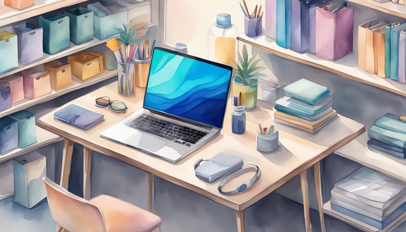 A laptop, tablet, and smartphone sit on a desk surrounded by various products such as clothing, electronics, and beauty items.</p><p>The background shows a modern and clean workspace with shelves stocked with inventory