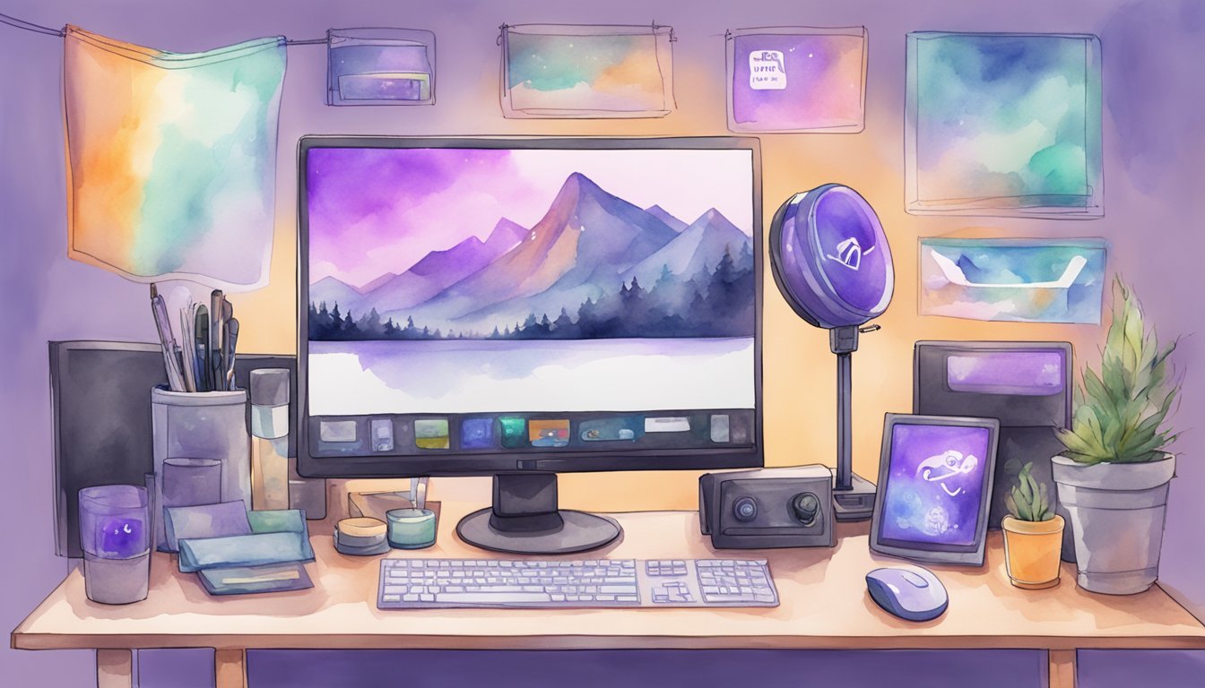 A Twitch streamer's setup with branded merchandise, donation alerts, sponsor logos, and a chat overlay.</p><p>Multiple revenue streams are visible