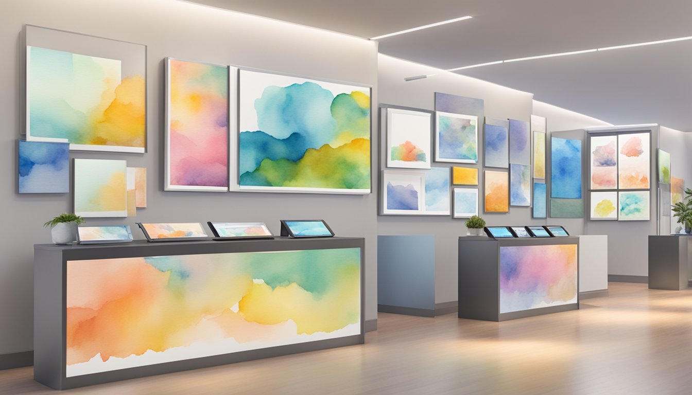 A colorful array of artwork displayed on digital screens, with easy-to-navigate platform features and secure payment options