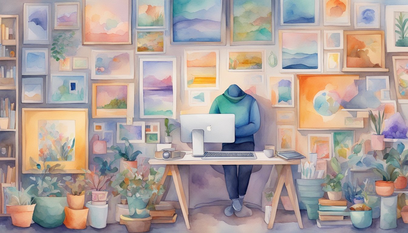 An artist's colorful and diverse collection of artwork displayed on various digital platforms, surrounded by icons and logos of online selling websites