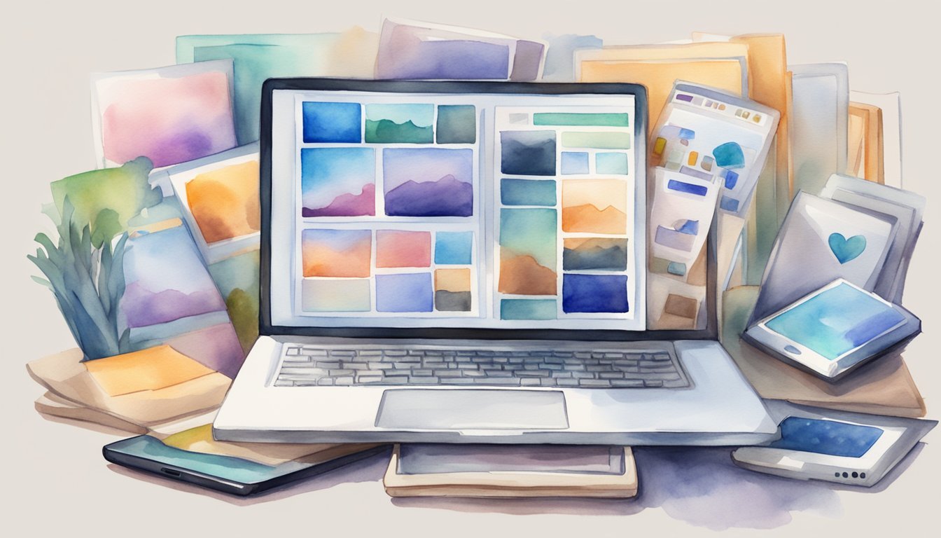 A laptop displaying an art website with various artworks for sale.</p><p>A smartphone with social media apps open.</p><p>A stack of packaged artworks ready for shipment