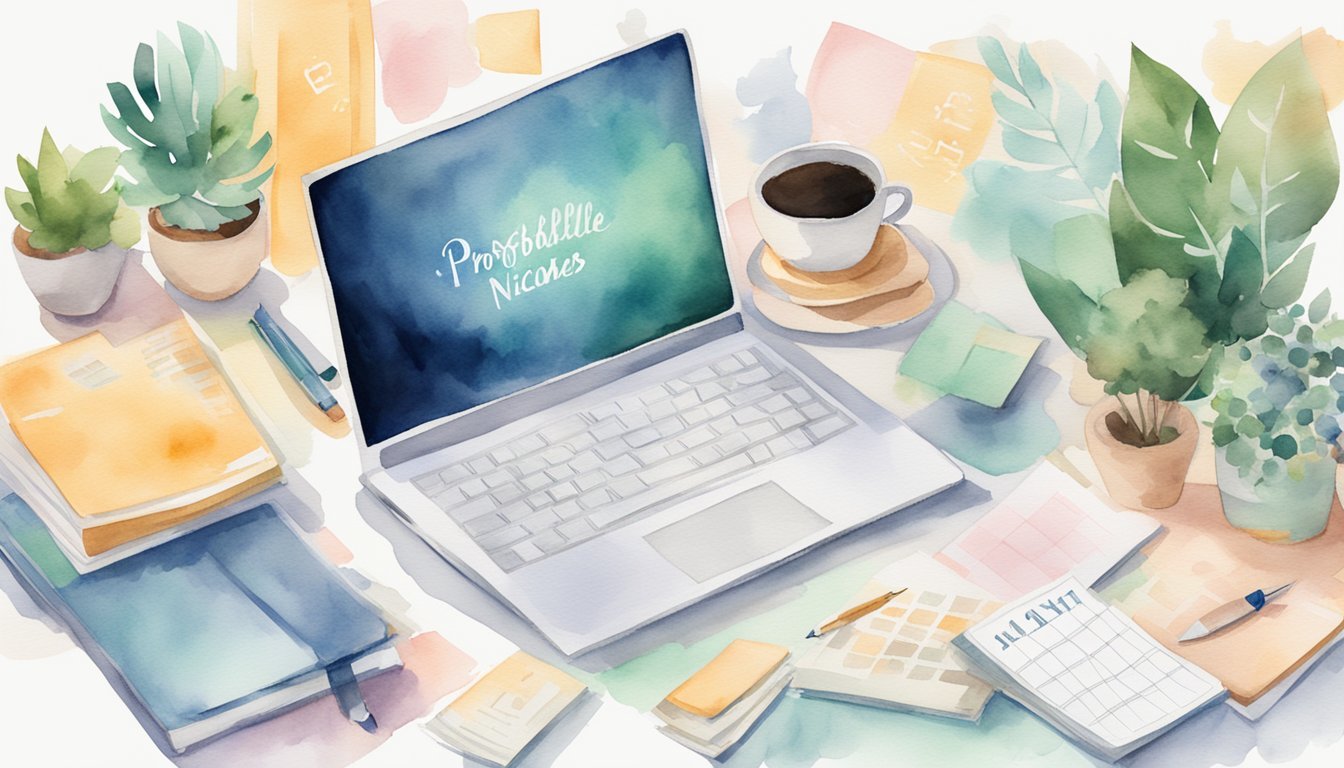 A laptop surrounded by event planning materials, virtual event graphics, and a calendar with "Profitable Niches" written on it