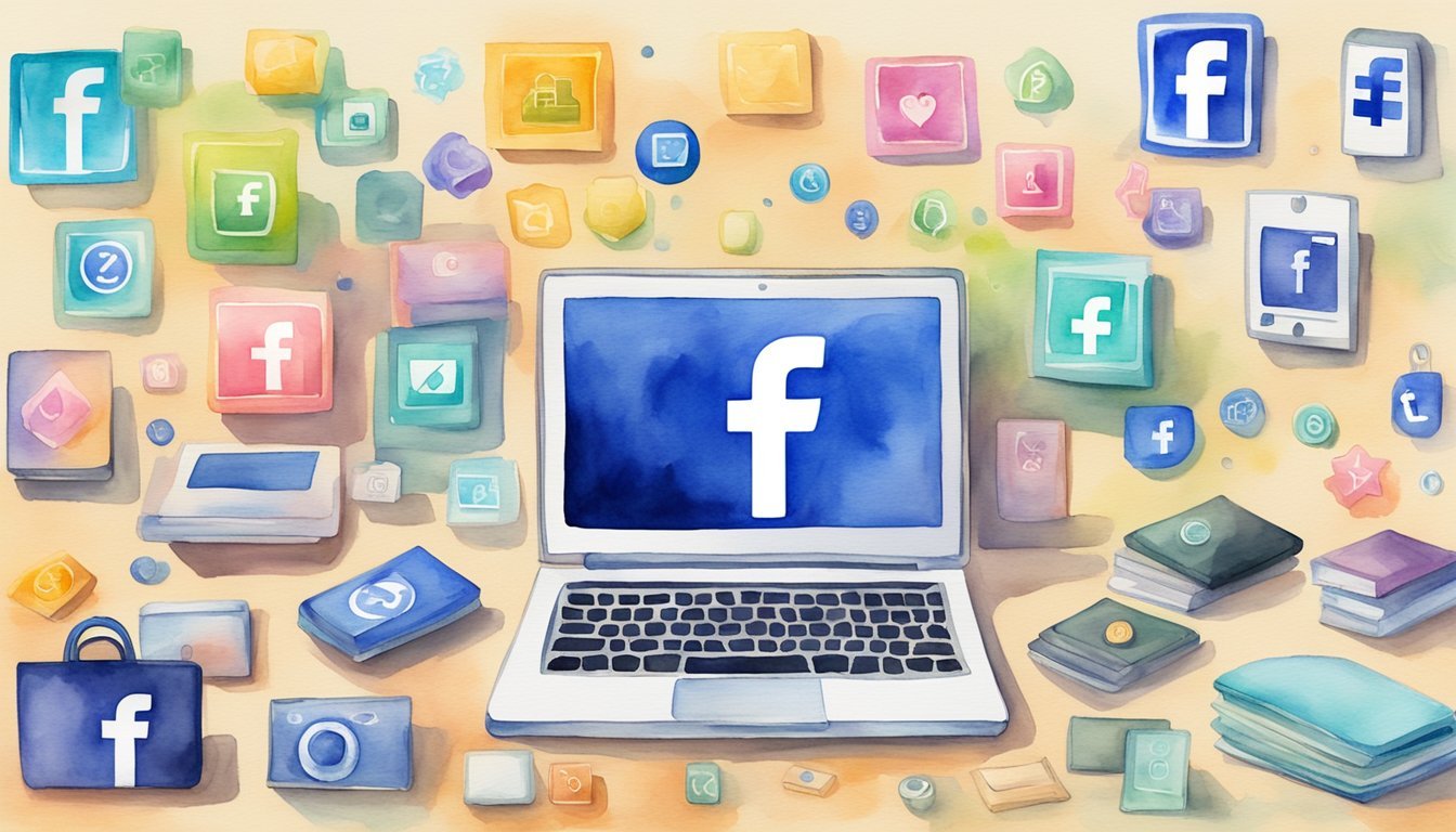 A laptop displaying a Facebook group with various digital products for sale.</p><p>A cash symbol and a "buy now" button are highlighted to showcase monetization strategies