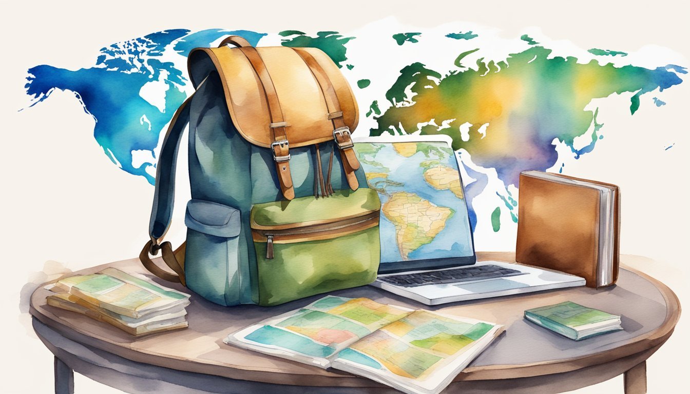 A woman's backpack sits next to a world map, surrounded by travel guides and a laptop.</p><p>The scene exudes excitement and empowerment, perfect for an adventure travel illustration