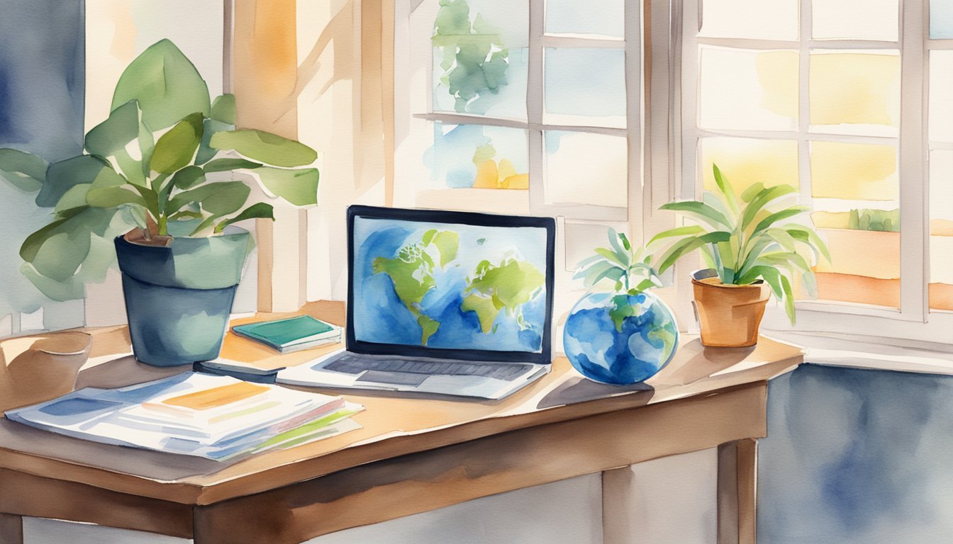 A desk with a laptop, travel brochures, and a globe.</p><p>A reusable water bottle and a plant sit nearby.</p><p>Sunlight streams in through a window