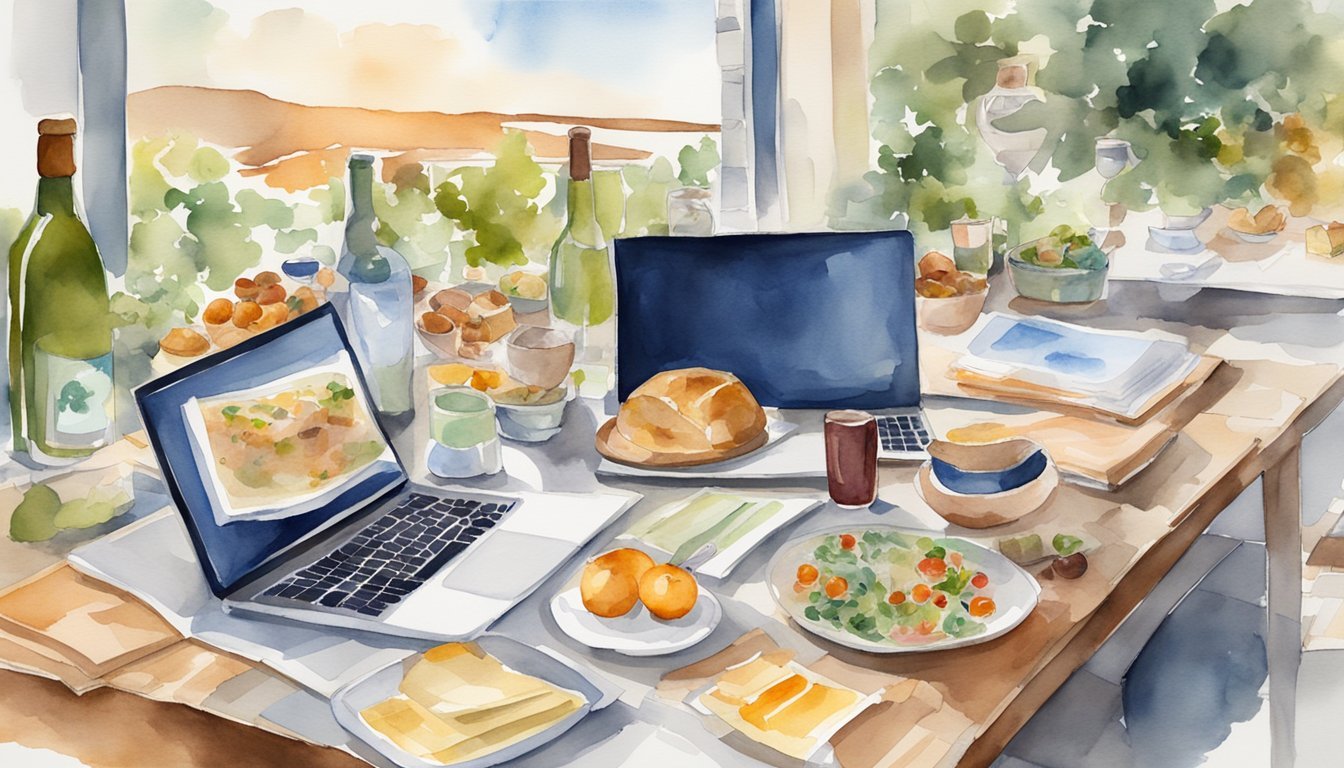 A table set with various cuisines and wine bottles, surrounded by maps and travel brochures.</p><p>A laptop open to a virtual tour planning website