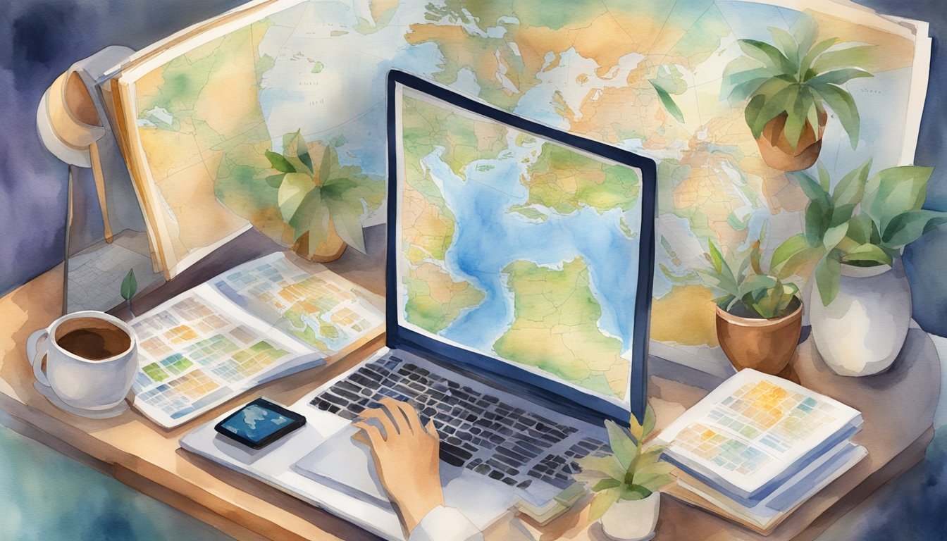 A virtual travel planner surrounded by images of different cultures, maps, and travel books, with a computer and phone for research and communication