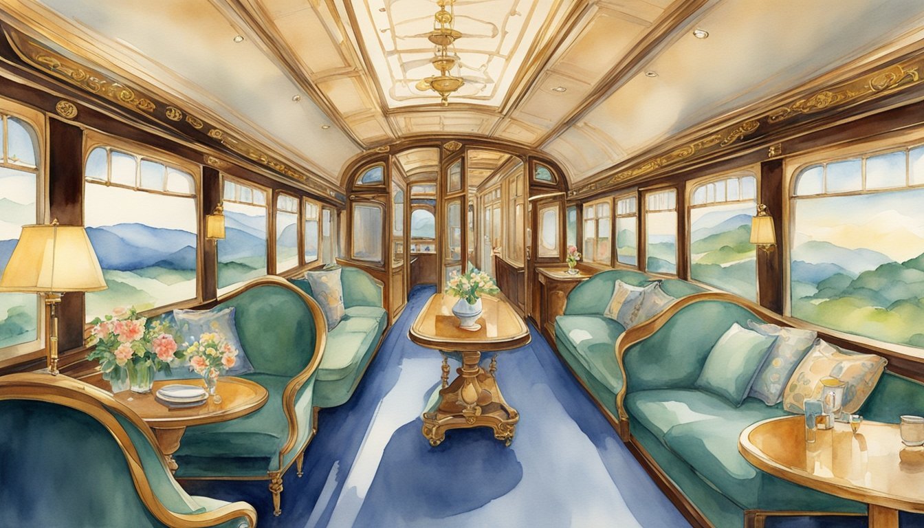 A luxurious train travels through scenic landscapes, with elegant interiors and attentive staff, catering to discerning travelers seeking unique and memorable experiences