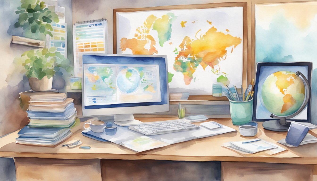 A desk with a computer, planner, and travel brochures.</p><p>Software icons for booking, scheduling, and budgeting.</p><p>The backdrop is a world map and a globe