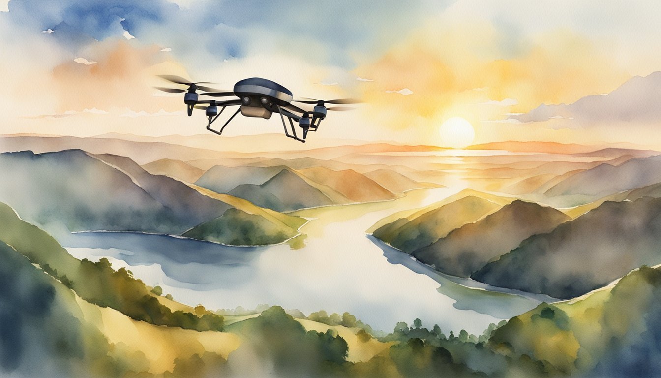 A drone hovers over a scenic landscape, capturing stunning aerial shots.</p><p>The sun casts a warm glow on the surroundings, highlighting the beauty from above.</p><p>Various elements such as buildings, natural landmarks, and bodies of water are visible, showcasing the potential for