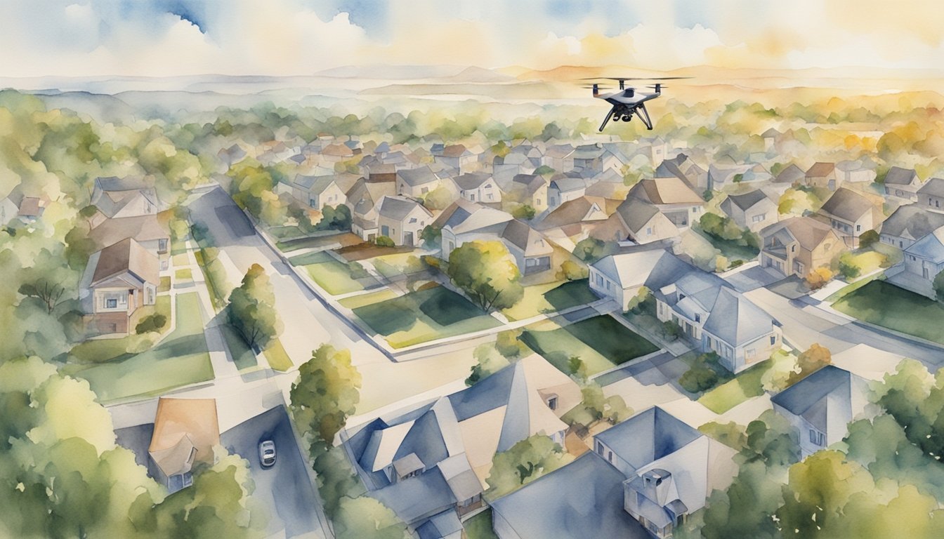 Aerial view of a drone capturing a scenic landscape or urban setting, with various potential subjects such as real estate, construction, agriculture, or events