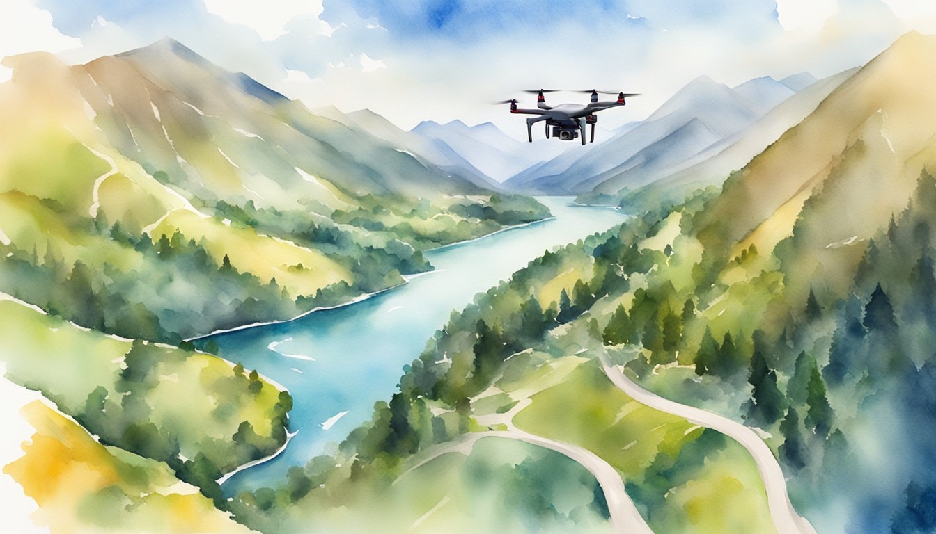 Aerial view of a picturesque landscape with a drone hovering above capturing stunning scenery.</p><p>Various elements such as mountains, rivers, and forests are visible, showcasing the potential for drone photography in travel blogging