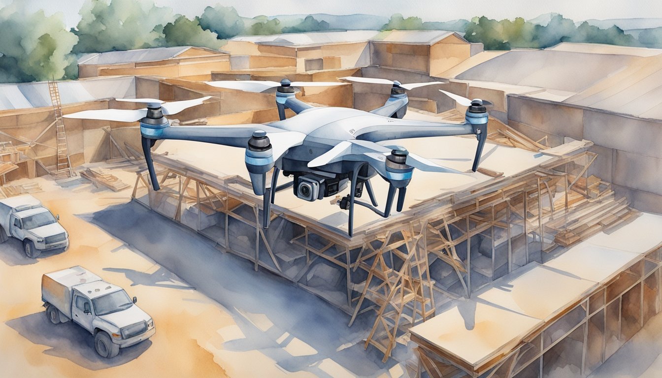 A drone hovers over a construction site, capturing detailed images of equipment and structures.</p><p>The photographer adjusts settings on a remote control, ensuring precise angles and lighting for high-quality aerial shots