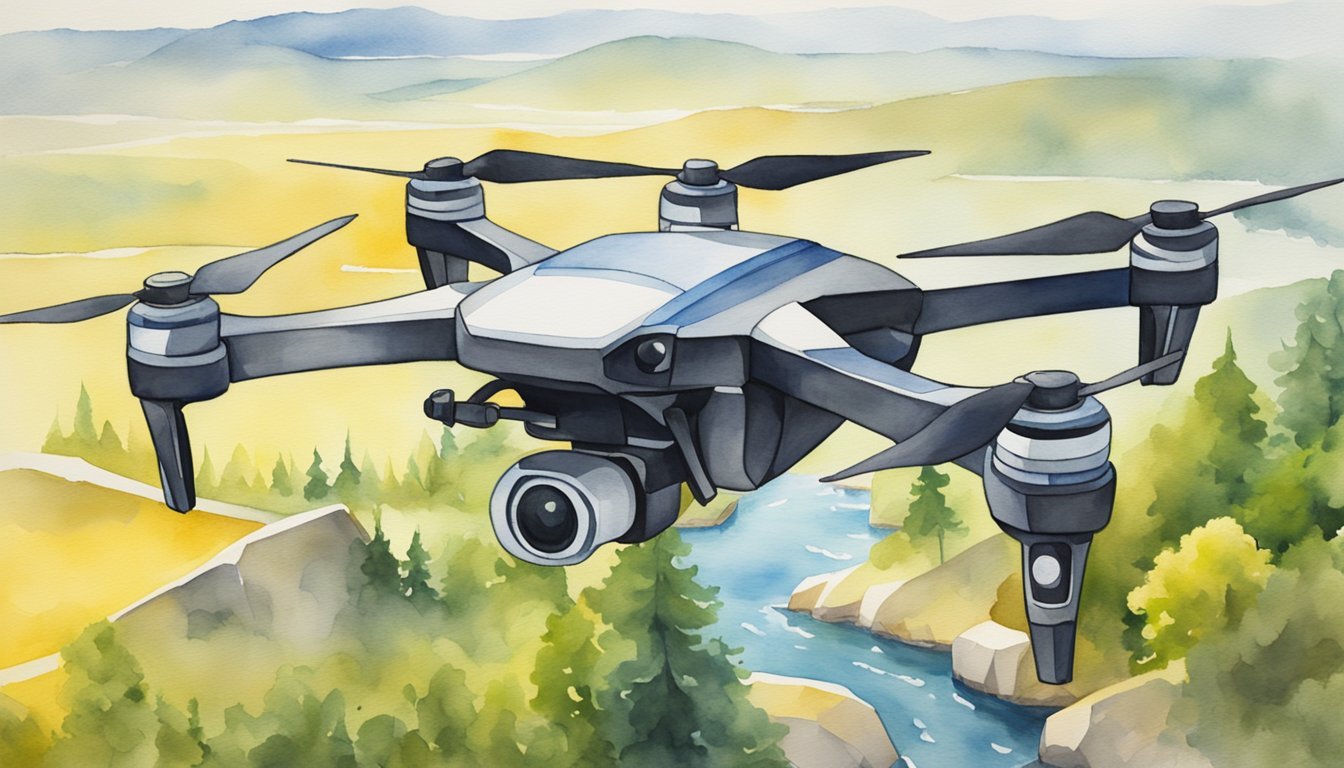 A drone hovers over a scenic landscape, capturing aerial views.</p><p>Signs indicate no-fly zones and safety precautions.</p><p>Money symbols float around the drone, representing potential income