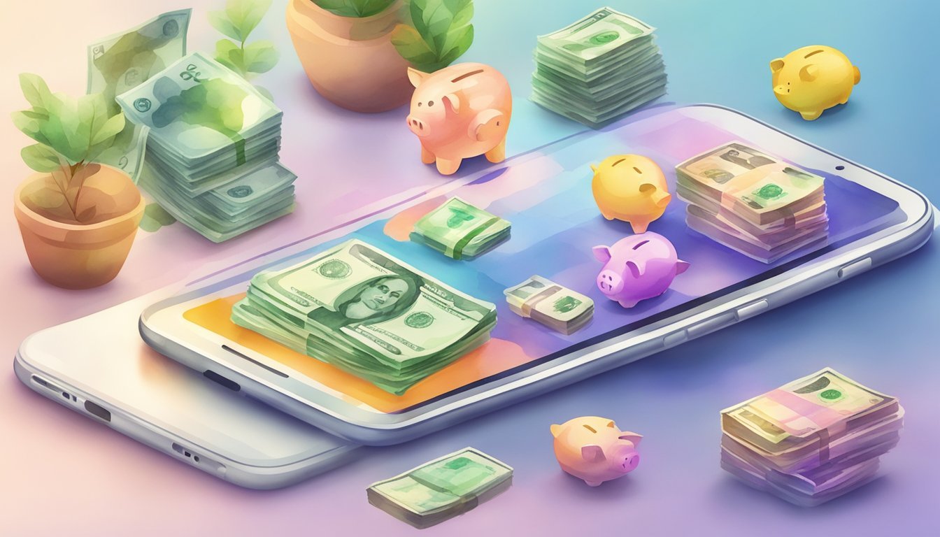 Various cashback apps displayed on a smartphone screen, with icons representing different strategies for earning money.</p><p>A stack of cash and a piggy bank are positioned nearby