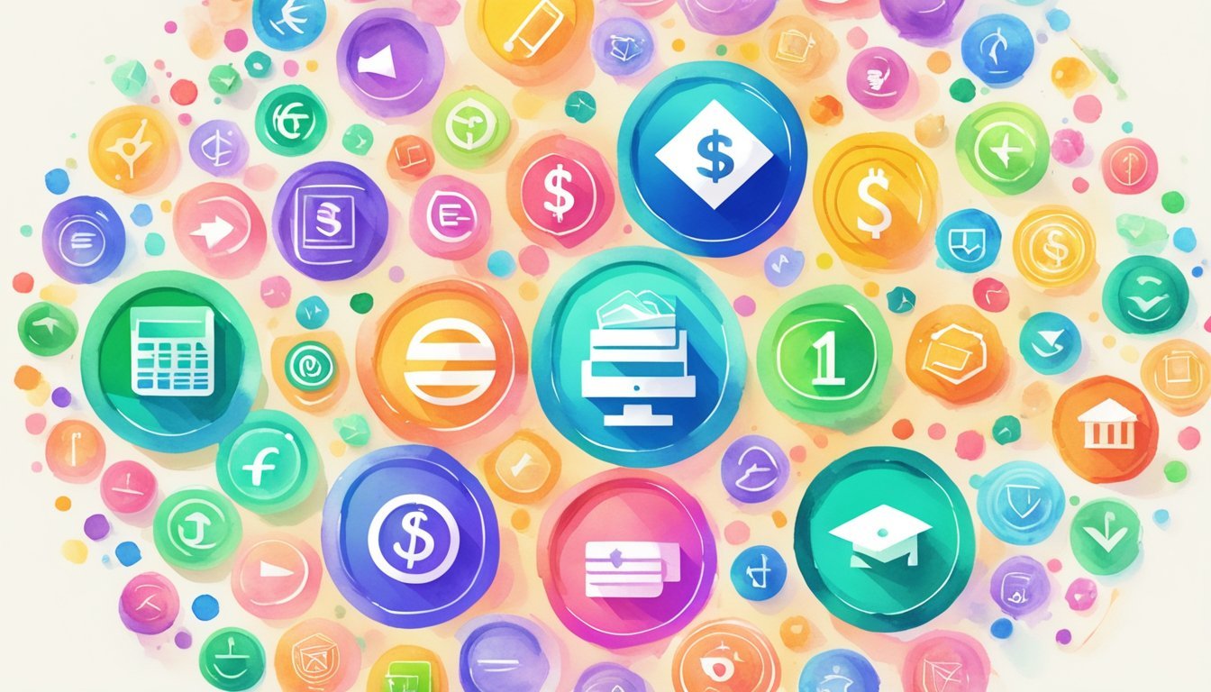 A colorful array of cashback app icons arranged in a circular pattern, with dollar signs and arrows pointing towards them, surrounded by text reading "Referral programs: 11 Strategies for Making Money."