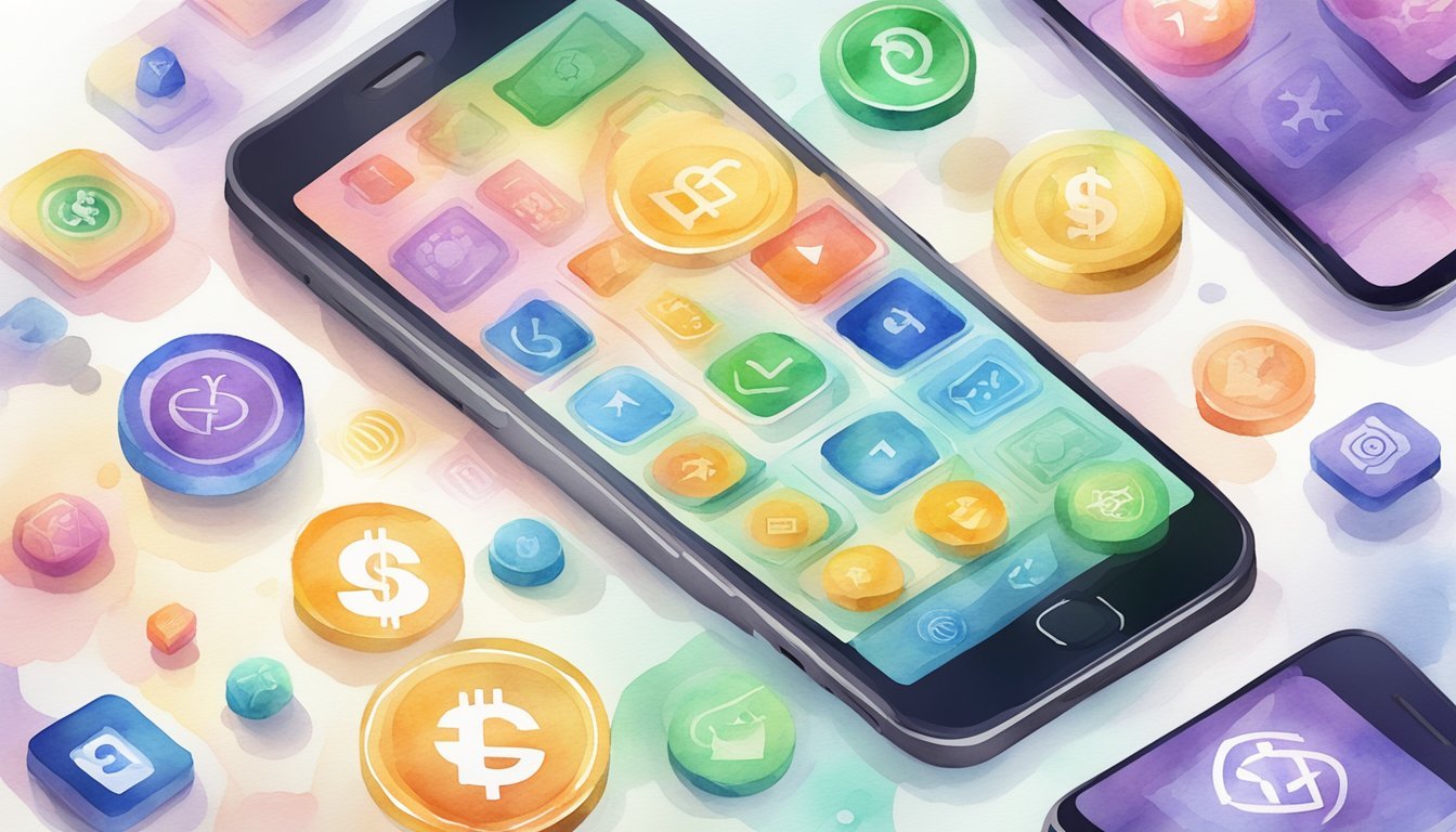 A smartphone with a money-making app interface displayed, surrounded by icons representing different strategies