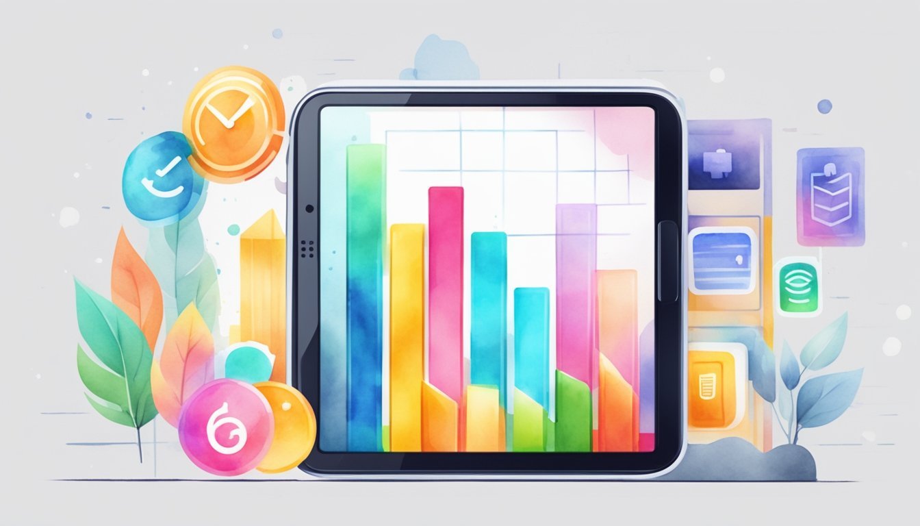 A smartphone displaying a bar graph with increasing profits, surrounded by icons representing different mobile apps