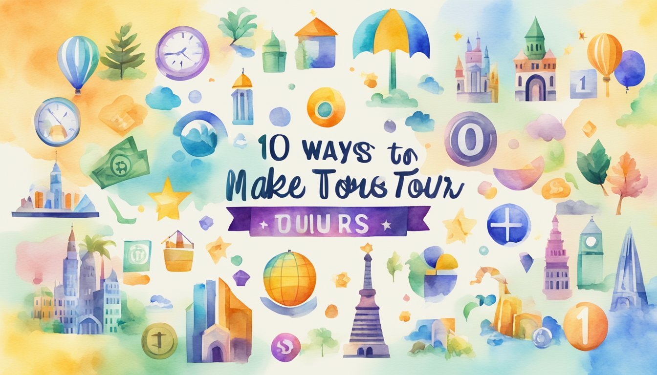 A colorful virtual tour guide logo surrounded by icons representing different themed tours, with a banner displaying "10 Ways to Make Money" in bold letters