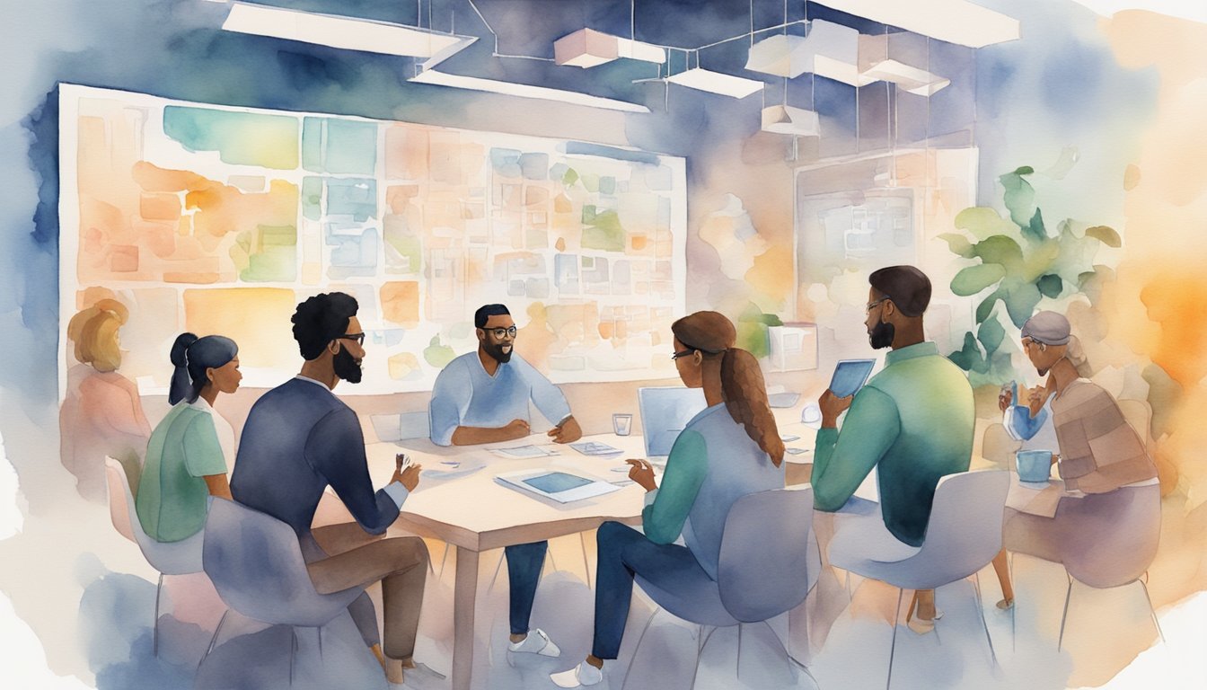 A group of diverse characters discussing and exchanging ideas in a virtual space, with various monetization strategies visually represented around them