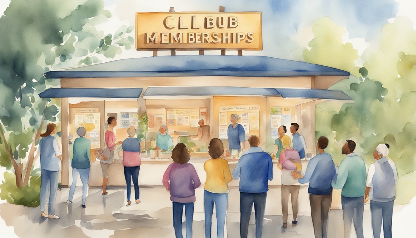 A group of people gather around a sign advertising "Club Memberships" with 11 strategies listed for monetizing a Clubhouse following.</p><p>The atmosphere is lively and engaging, with a sense of community and opportunity